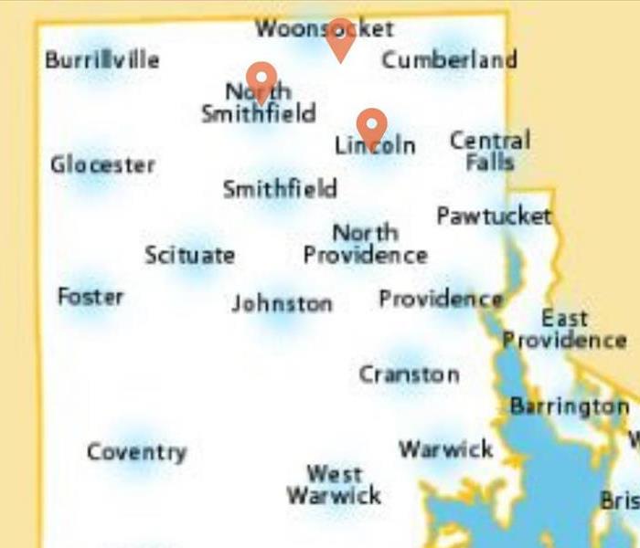Map of Rhode Island, pins dropped to mark Woonsocket, North Smithfield, and Lincoln